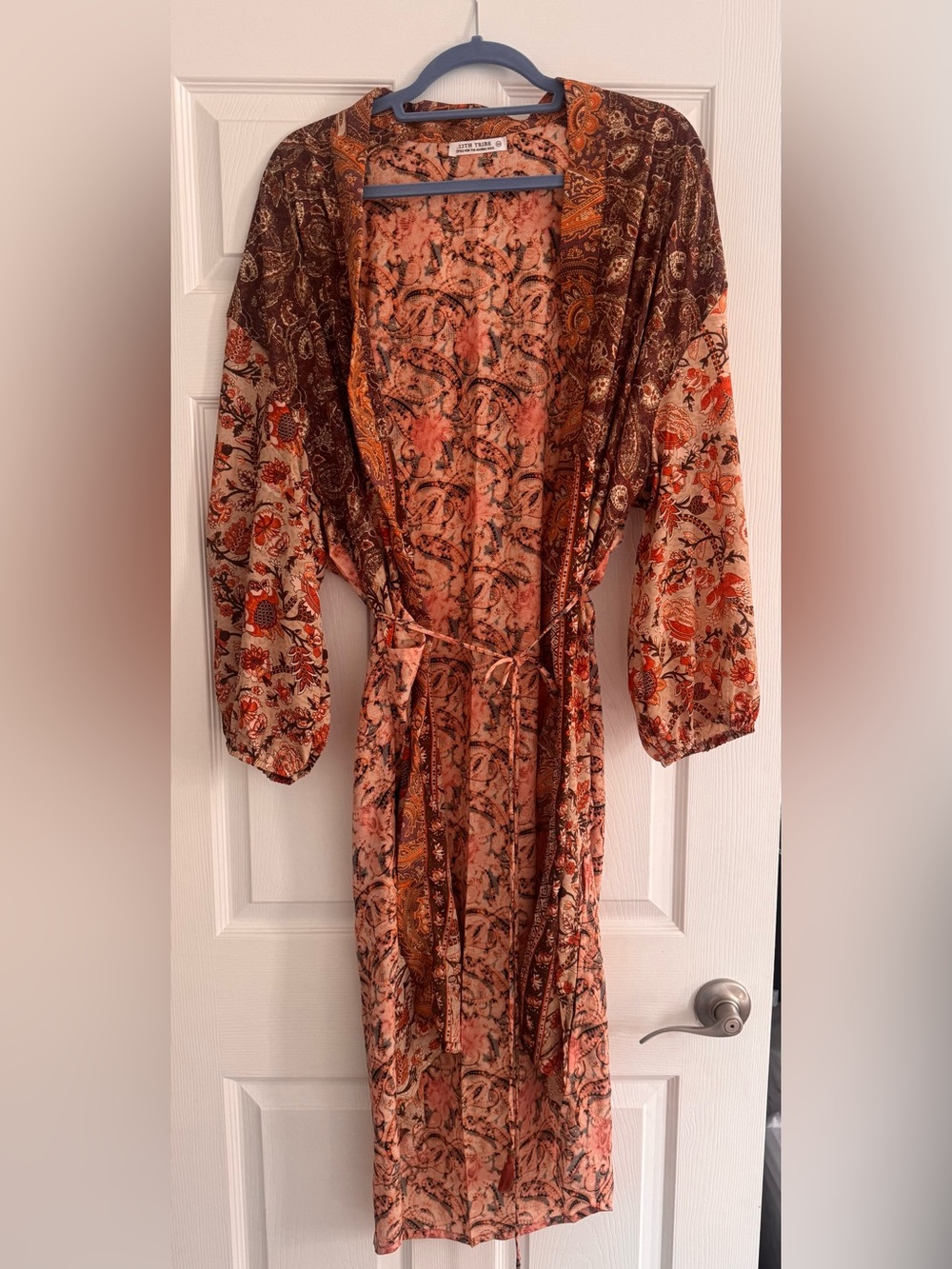 12th Tribe Peach and Brown Paisley Floral Long Sleeve Maxi Dress